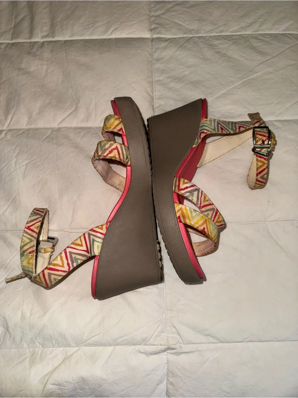 CROCS Brown Wedge Sandals with Multicolor Chevron Straps